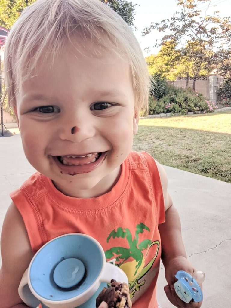 A toddler enjoys a vegan cookie made with a flax egg