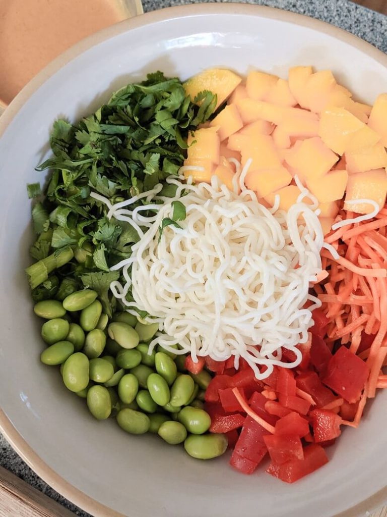 Bowl of plant-based foods that include mangoes, edamame, carrots, red peppers, and noodles.