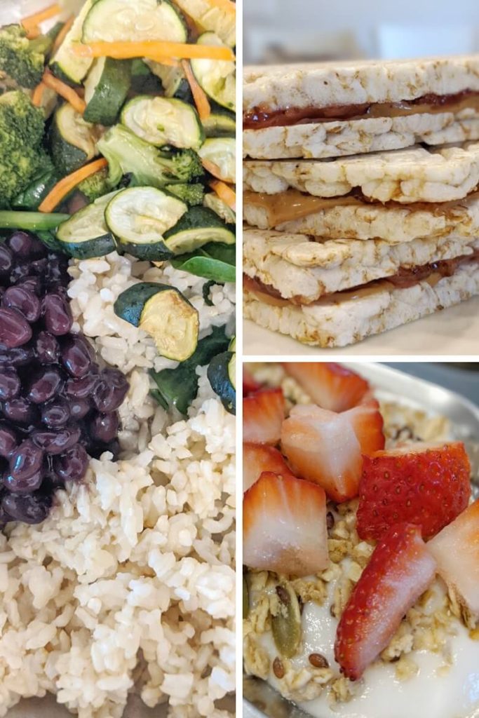 Collage of photos, one is of brown rice, zucchini, carrots, broccoli and black beans; the second one is peanut butter and jelly sandwiches on rice cakes; and the third photo is vegan yogurt topped with granola and strawberries