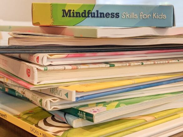 A stack of mindfulness books for kids