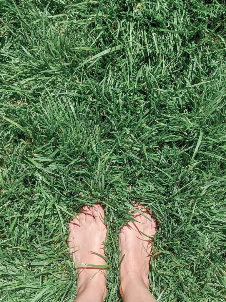 A woman's feet in the grass as she practices mindful walking