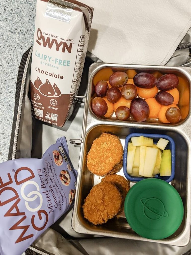 Vegan lunch for kids of dairy-free chocolate milk, granola minis, chik'n nuggets, and fruit salad