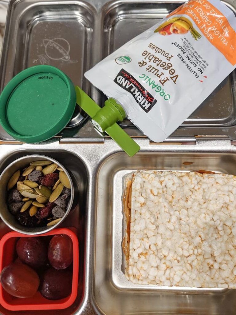 Vegan lunch for kids of grapes, trail mix, fruit pouch and puffed rice cake nut butter sandwich