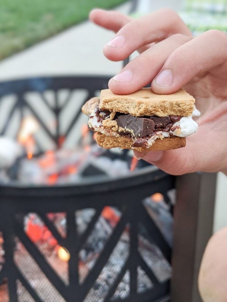 Vegan s'mores by a fire pit