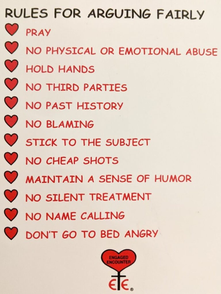 A list of Rules for Arguing Fairly from Engaged Encounter that include pray, no physical or emotional abuse, hold hands, no third parties, no past history, no blaming, stick to the subject, no cheap shots, maintain a sense of humor, no silent treatment, no name calling and don't go to bed angry.