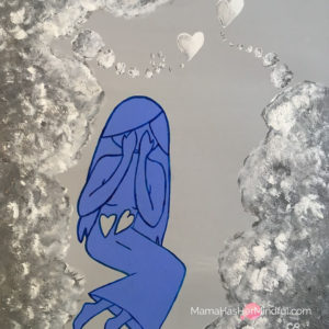 Painting of a grieving mom crying with two hearts in her stomach to represent her two miscarriages