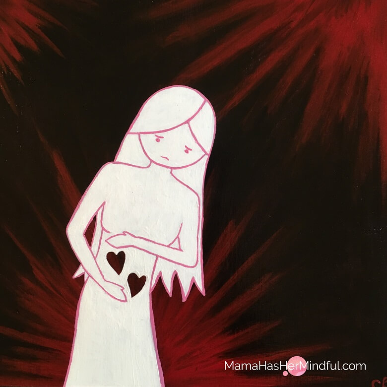 Painting of a grieving mom with two hearts in her stomach to represent two babies she's miscarried