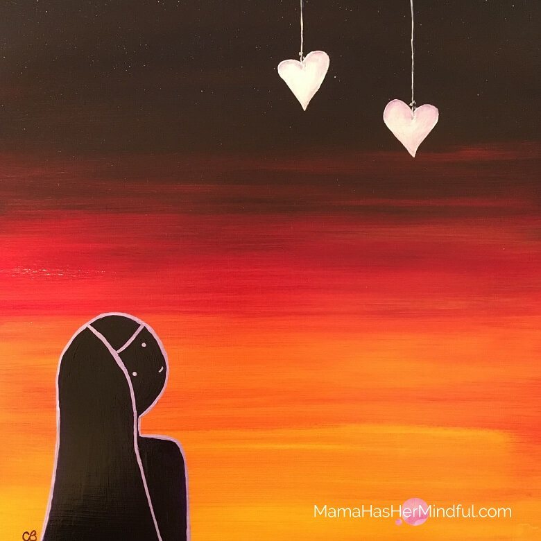 Painting of a mom looking up to a night sky with two hearts hanging from it to represent the two babies she miscarried who are in Heaven.