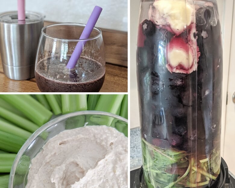 Vegan snacks for kids and adults that include smoothies, the ingredients for the smoothie in the blender, and celery and hummus