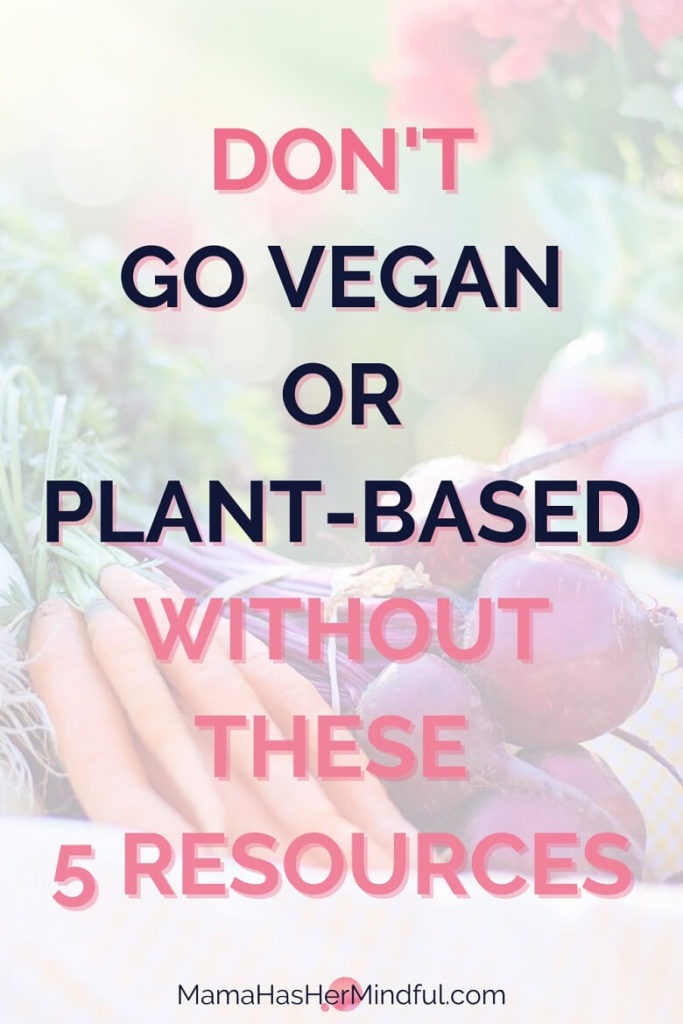 A Pin for Pinterest that has a photo of a basket of vegetables like carrots, beets and leeks in the background and text that reads Don't Go Vegan or Plant-Based Without These 5 Resources and the URL for the website Mama Has Her Mindful dot com.