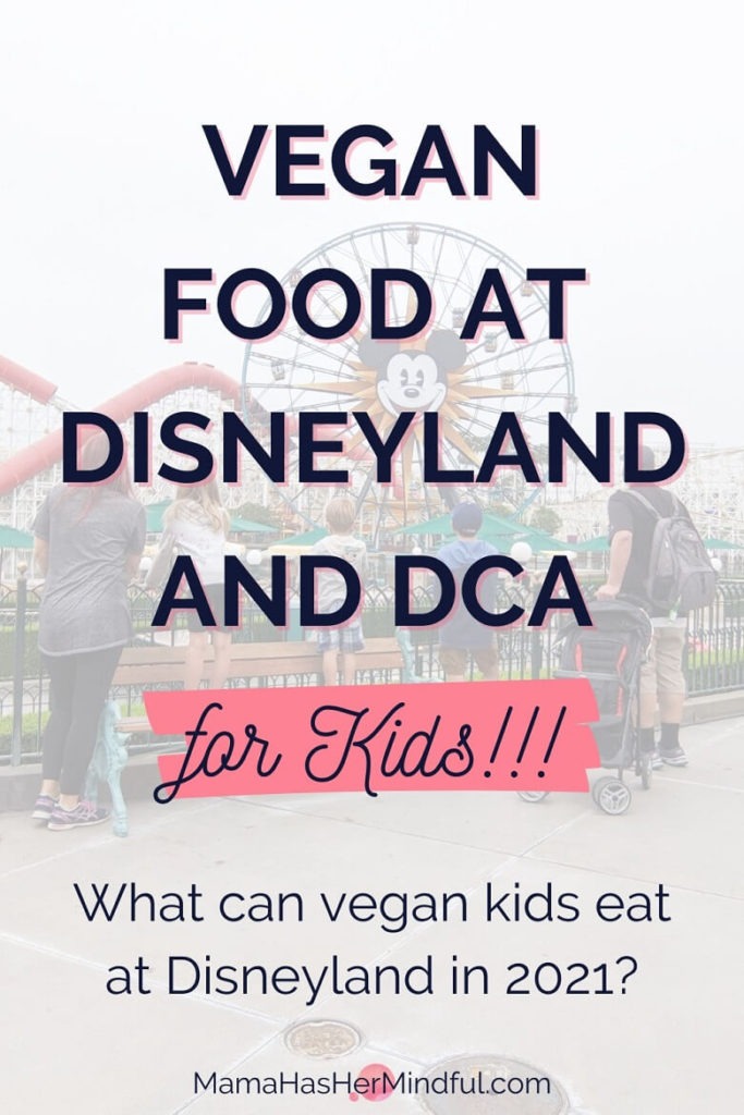 Pin for Pinterest with a family of five with their backs toward the camera looking at Disney California Adventure and text that reads Vegan Food at Disneyland and DCA for Kids! What can vegan kids eat at Disneyland in 2021? And the website URL at the bottom that reads Mama Has Her Mindful dot com.
