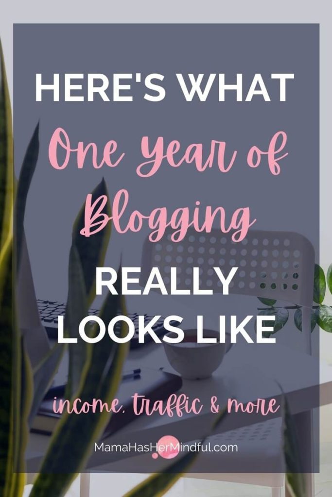 Pin for Pinterest with a chair at a desk with a keyboard, coffee cup and journal on top and plants in the foreground. The text over the image says Here's What One Year Of Blogging Really Looks Like - income, traffic and more and the url mama has her mindful dot com is listed.