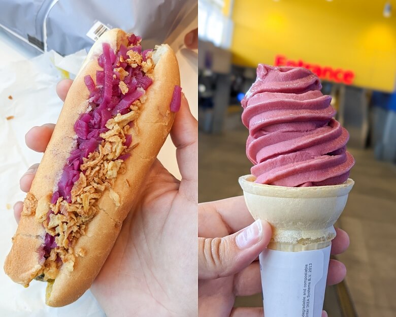 A hand holding vegan options at IKEA that include a veggie dog and a strawberry soft serve in a cone
