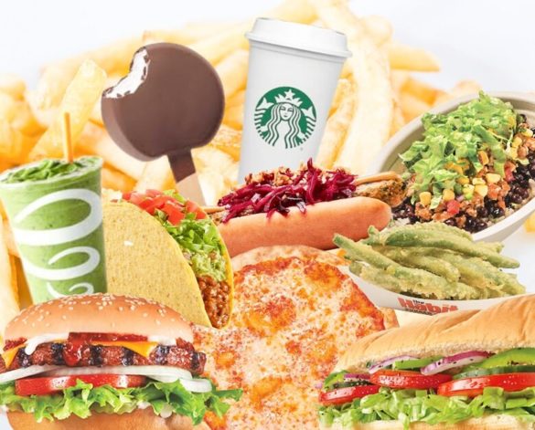 French fries in the background of a collage of items from fast food restaurants with vegan options that include a smoothie from Jamba Juice, a dilly bar from Dairy Queen, a Starbucks cup, a taco, burger, pizza, veggie dog, burrito bowl, tempura green beans, and sub sandwich