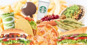 French fries in the background of a collage of items from fast food restaurants with vegan options that include a smoothie from Jamba Juice, a dilly bar from Dairy Queen, a Starbucks cup, a taco, burger, pizza, veggie dog, burrito bowl, tempura green beans, and sub sandwich