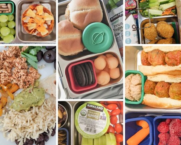 A photo collage of 6 vegan lunch ideas for kids, from top right to bottom left: English muffin pizza with crackers and grapes, two mini chick'n sliders with oreos and melon balls, chick'n nuggets with almond milk and a fruit roll up and salad, a plate of tortillas and sofritas and rice and beans and guacamole, hummus with veggies and crackers and nuts, and two meatless meatball subs and cookies and carrots and raspberries