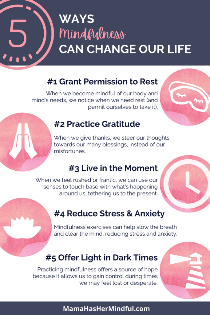 An infographic listing 5 ways mindfulness can change our life. The ways include: Grant Permission to Rest, Practice Gratitude, Live in the Moment, Reduce Stress and Anxiety, Offer Light in Dark Times.