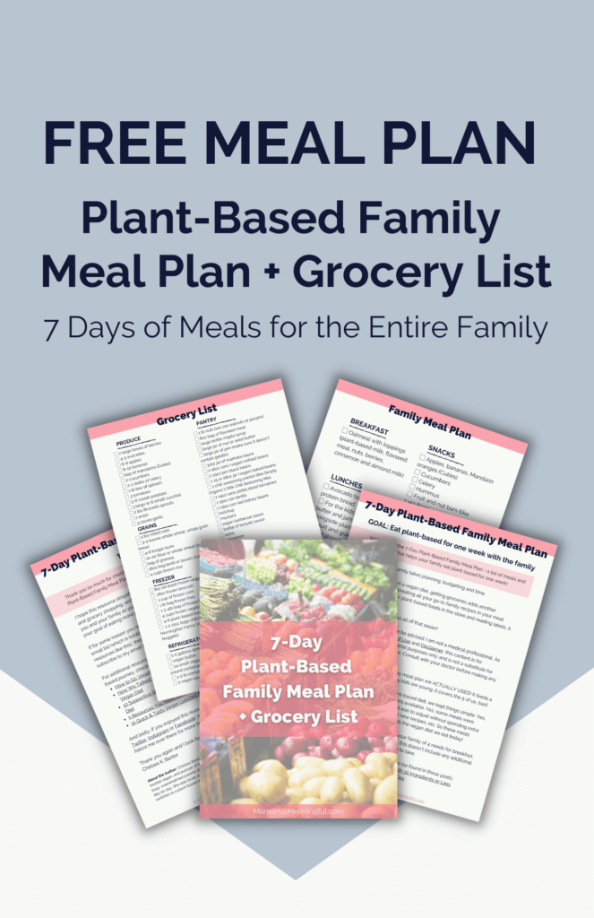 Five pieces of paper with text on them and above them are the words: FREE Meal Plan Plant-Based Family Meal Plan plus Grocery List - 7 Days of Meals for the Entire Family