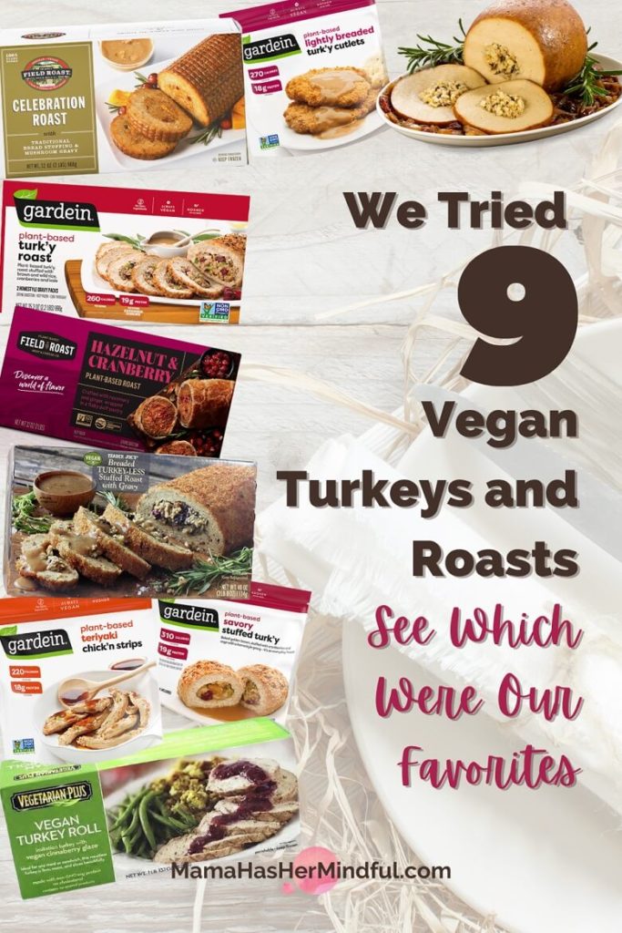 Pin for Pinterest with a photo of a place setting of a plate and silverware in the background with boxes of types of vegan turkeys such as those from Field Roast, Gardein, Tofurky, Vegetarian Plus and Trader Joe's. Words over the images read We Tried 9 Vegan Turkeys and Roasts - See Which Were Our Favorites and the URL at the bottom reads Mama Has Her Mindful dot com.