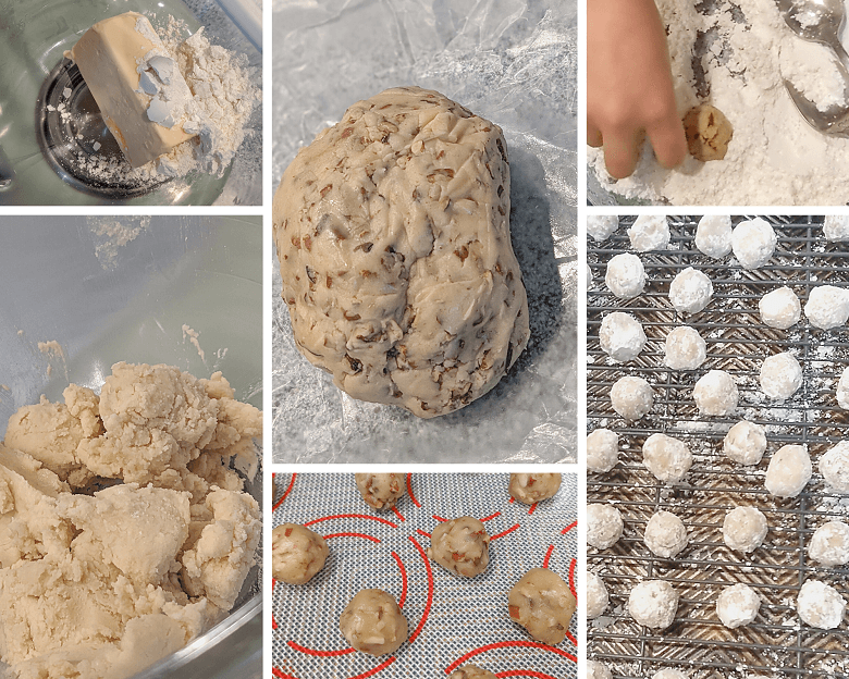 A series of 6 photos showing how to make a vegan snowball recipe. The first is a stick of vegan butter and powdered sugar in a mixer. The second is the mixed butter and sugar. The third is the dough with the pecans mixed in on wax paper. The fourth is the teaspoon sized vegan snowballs on the cookie sheet to back. The fifth is a child's hand rolling the snowball cookies in powdered sugar. The sixth is all of the vegan snowballs on a cooling rack.