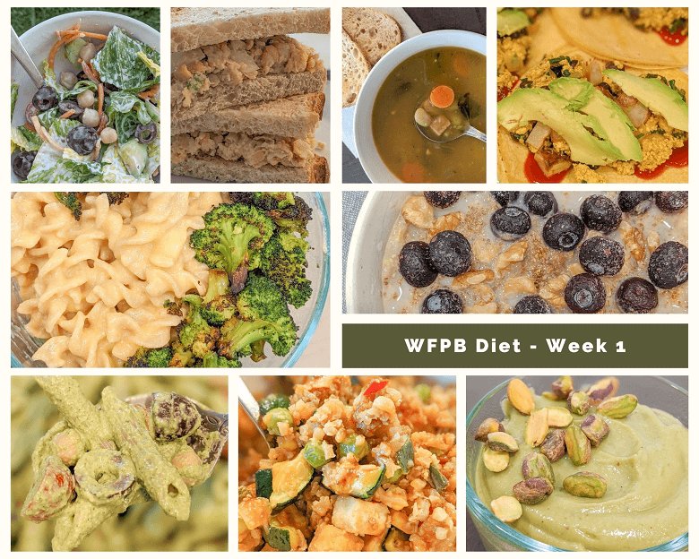 Nine photos of whole-food, plant-based meals our family ate for a week. From two left to bottom right, a salad, vegan sandwiches, soup, tofu scramble tacos, vegan macaroni and cheese and broccoli, oatmeal, pesto salad, tofu and vegetables, pistachio pudding.