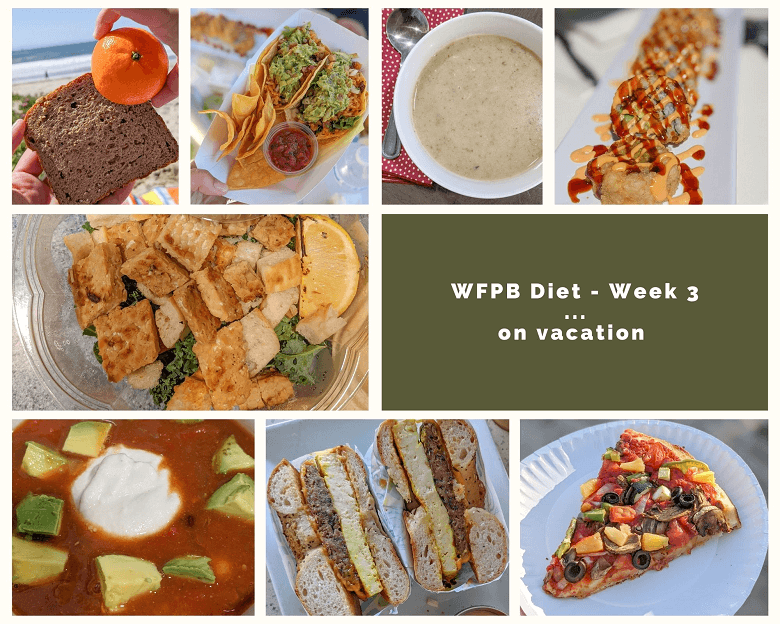 A collage of photos of WFPB meals for week 3 that include from top left to bottom right: cutie orange with a peanut butter and jelly sandwich, tacos, soup, sushi, salad, chili, bagel breakfast sandwich, and vegetable pizza.