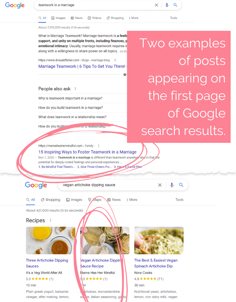 A screenshot of page one of two Google search results with a post from Mama Has Her Mindful mom blog in the results list
