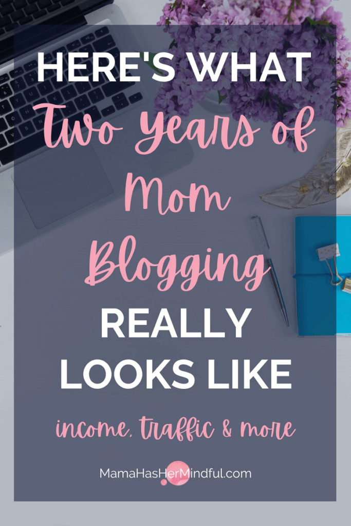 A photo of a laptop keyboard next to fresh flowers, a notepad and pen on a desk. Text over the image reads: Here's What Two Years of Mom Blogging Really Looks Like: income, traffic, and more. The URL is also listed: mama has her mindful dot com.